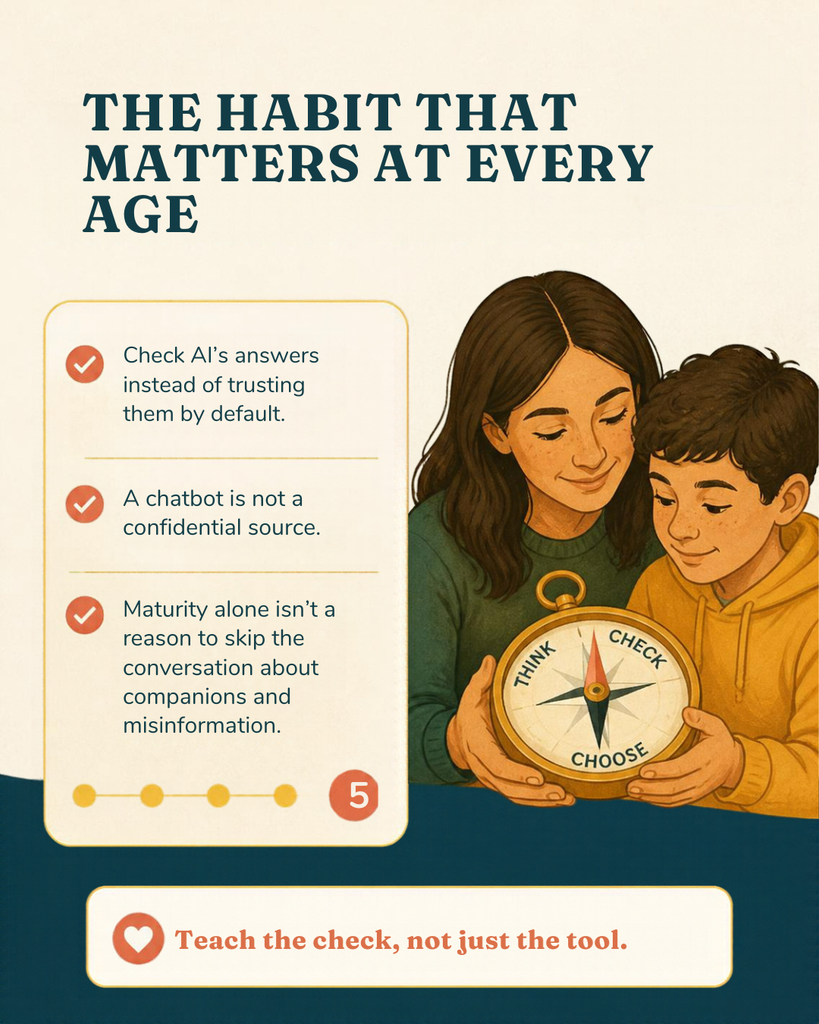 Most AI tools list a minimum age in the terms of service and stop there. Real guidance looks different by stage: an 8-year-old, a 12-year-old, and a 16-year-old need three different conversations, not one blanket rule.